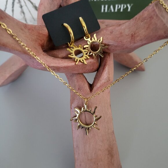 Gold Stainless Steel Sun Motif Jewelry Set — Necklace + Small Hoops - Picture 7 of 7